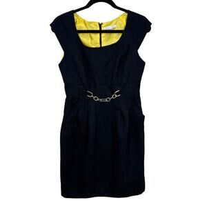 Sandra Darren Cap Sleeve Sheath Dress size 6 Navy Blue with Chain Detail Pockets